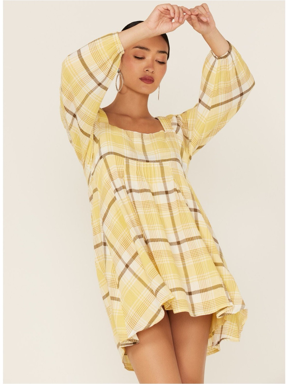 Miss Me Yellow Plaid Babydoll Mini Dress